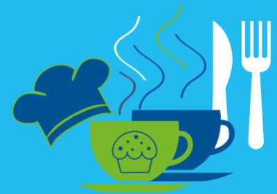 Horeca, kop koffie/thee, mes en vork, koksmuts